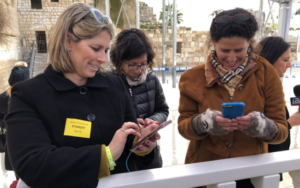 Female reporters covering Mike Pence’s visit to the Western Wall on January 23, 2018. Tal Schneider is at left. (Michael Lipin/Twitter, via JTA)